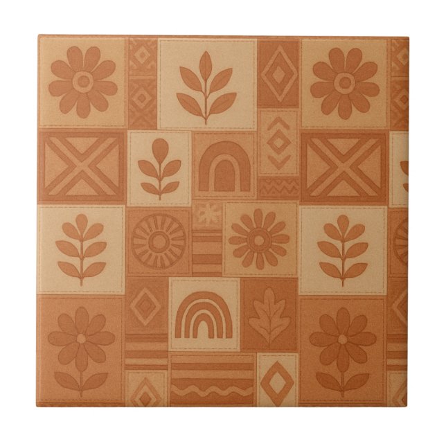 Terracotta Patchwork Quilt Rustic Farmhouse Blommi Kakelplatta (Framsidan)