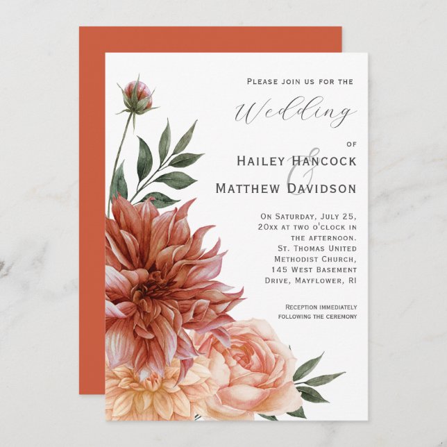Terracotta, Peach, Blush Floral Wedding Invitation Inbjudningar (Fram/baksida)