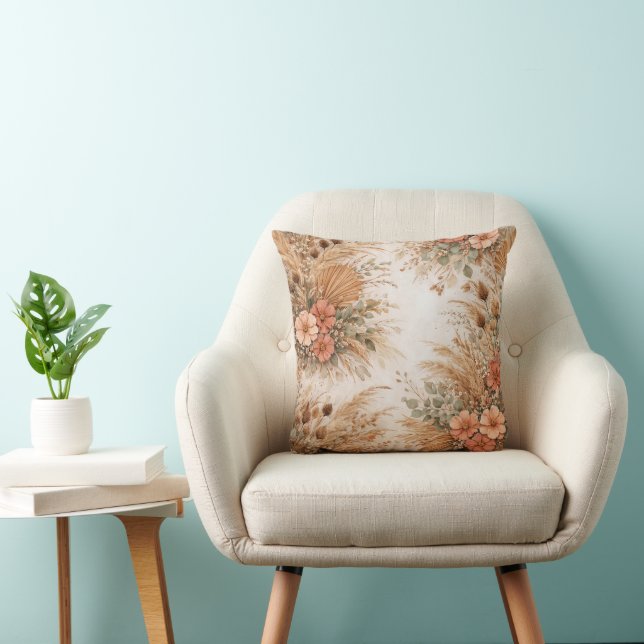 Terracotta Peach Boho Pampas Floral Kudde (Stol)