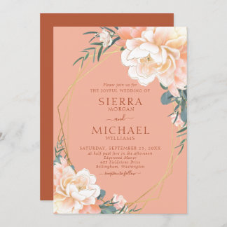 Terracotta Peach Cream Guld Blommigt Bröllop Inbjudningar
