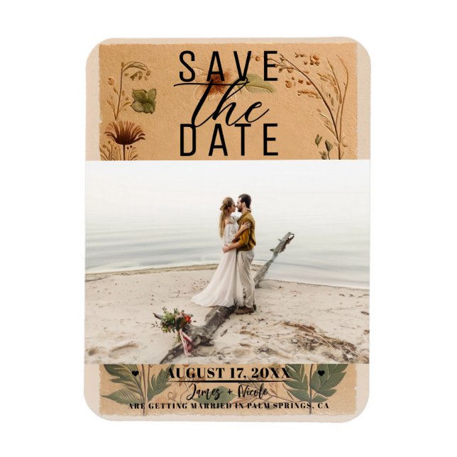 Terracotta Peach Pressed Flowers Boho Spara Date Magnet (Vertikal)