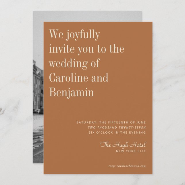 Terracotta Photo Modern Bröllop - minimalistisk El Inbjudningar (Fram/baksida)