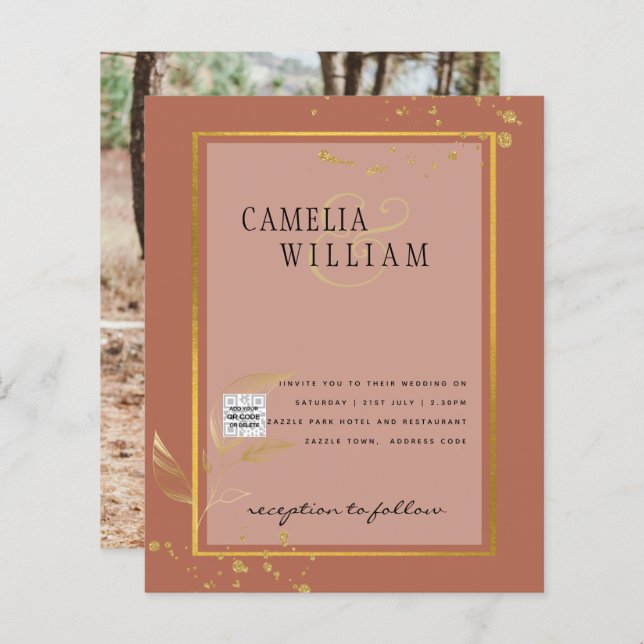 Terracotta PHOTO QR CODE Wedding bjudande in till  (Fram/baksida)