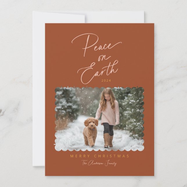 Terracotta Pink Peace on Earth Script Modern Photo Julkort (Framsida)