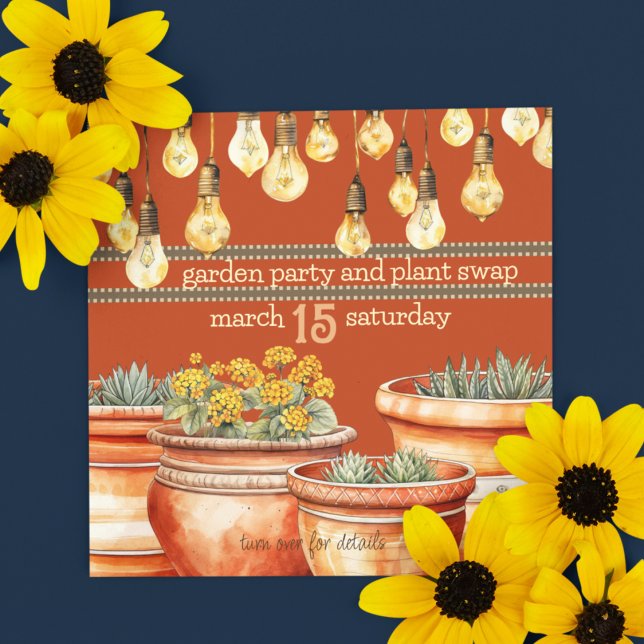 Terracotta Plant Pots och Garden String Ljus Inbjudningar (Plant swap garden party customizable and downloadable invitation for your spring events. )