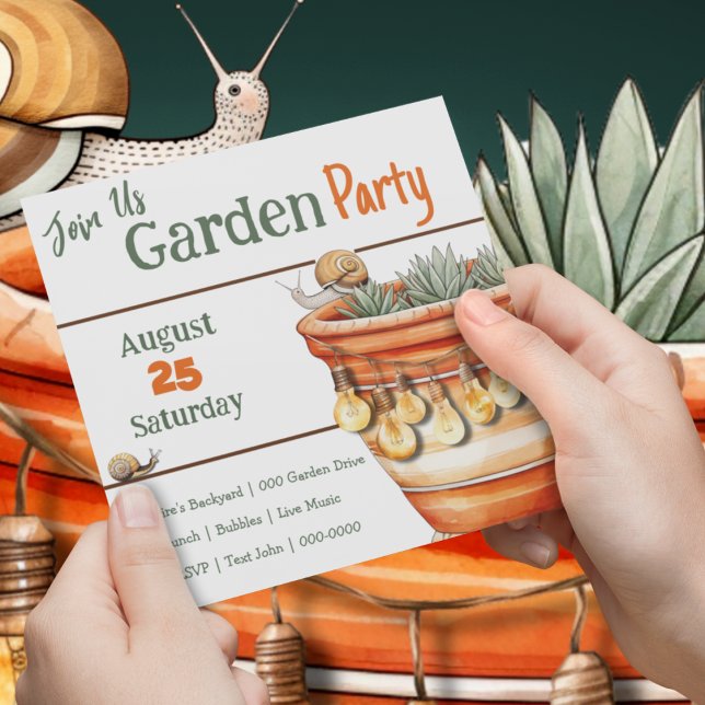 Terracotta Pot med Cute Snigel i Garden Party Inbjudningar (House warming birthday garden party customizable invitation with cute plants and bugs. )