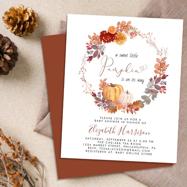 Terracotta Pumpkin Watercolor Baby Shower Inbjudan (Celebrate the upcoming arrival of your sweet little autumn baby with a pumpkin-themed baby shower)