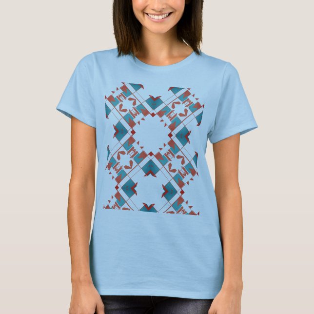 Terracotta Red Teal Blue Crisscross Mediterranean T Shirt (Framsida)