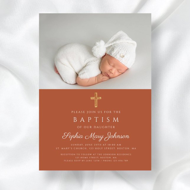 Terracotta Religiösa Kor Photo Baptism Inbjudningar (Terracotta Religious Cross Photo Baptism Invitation)