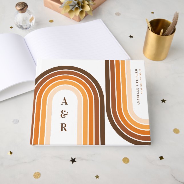Terracotta Retro Boho Rainbow 70 s Bröllop Monogra Gästböcker (Framsida Öppen)