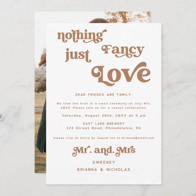 Terracotta Retro Bröllopsflykt Foto Bröllop Inbjudningar (Fram/baksida)