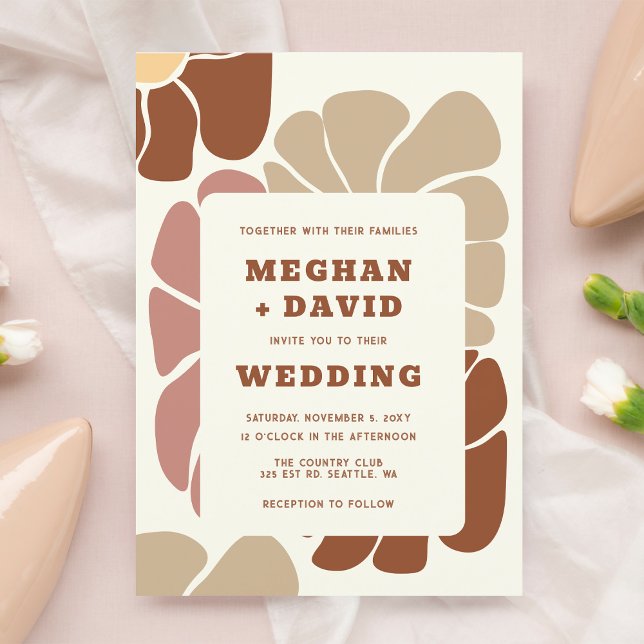 Terracotta Retro Groovy Boho Chic Blommigt Bröllop Inbjudningar (Terracotta Retro Groovy Boho Chic Floral Wedding Invitation)