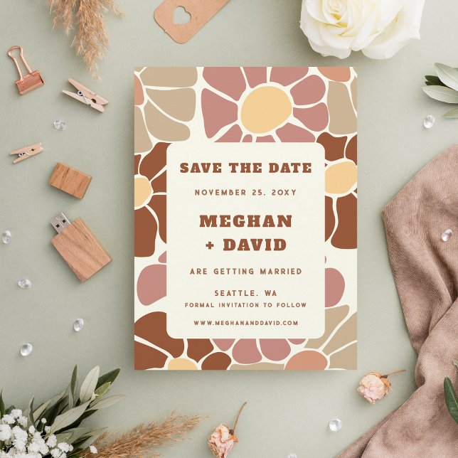 Terracotta Retro Groovy Boho Chic Spara datum Meddelande (Terracotta Retro Groovy Boho Chic Save The Date Announcement)