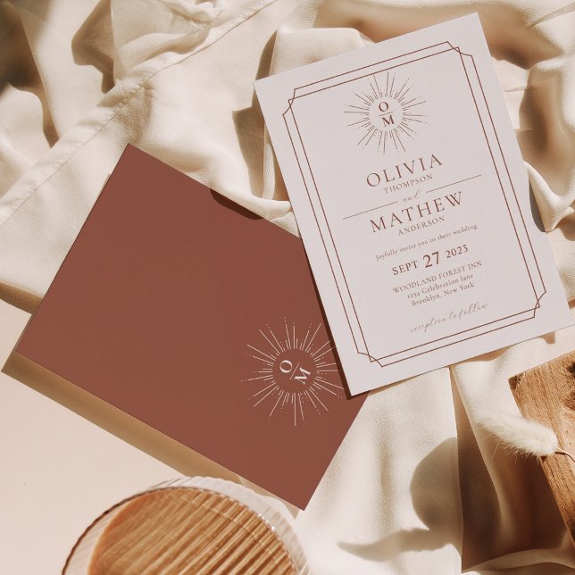 Terracotta Retro Mid Century 70 s Monogram Bröllop Inbjudningar (Skapare uppladdad)
