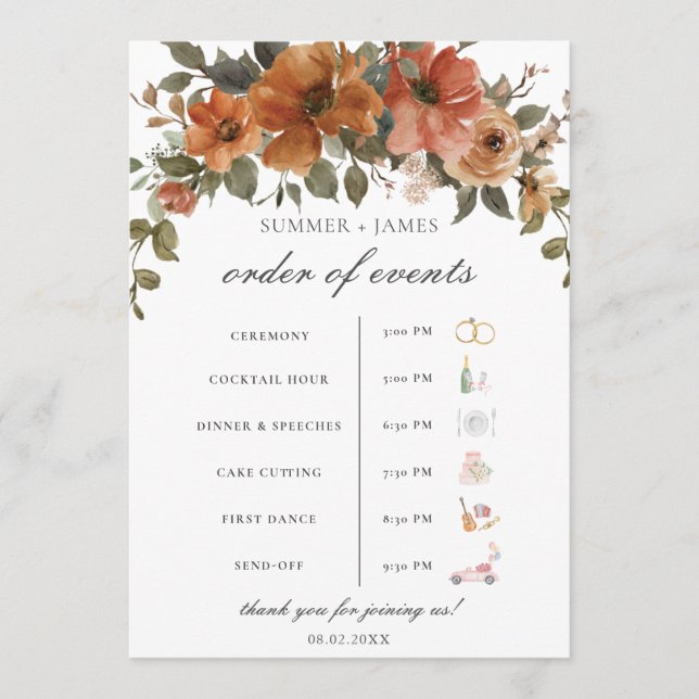Terracotta Rust Blommigt Fall Wedding Order of Eve Program (Framsida)