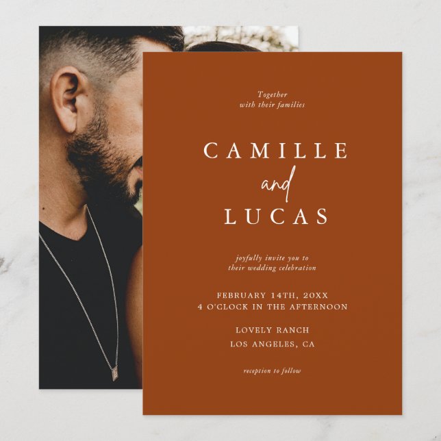 Terracotta Rust Burnt Orange Photo Bröllop Inbjudningar (Fram/baksida)