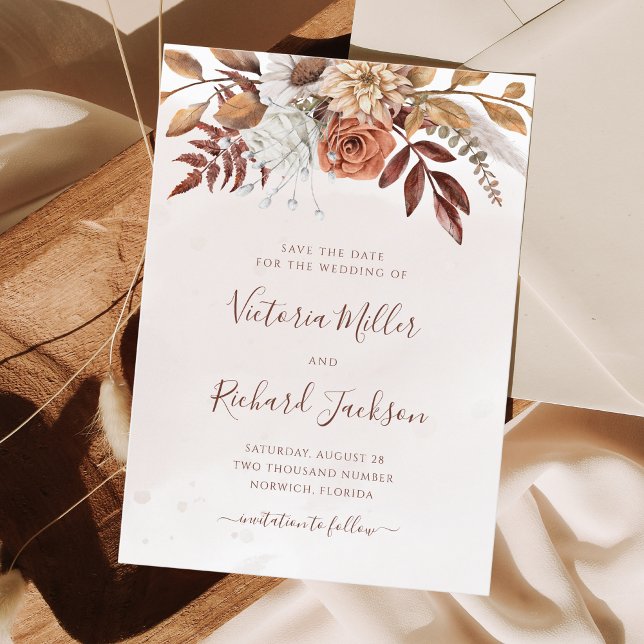 Terracotta Rust Flowers Boho Fall Foliage Spara Datumet (Skapare uppladdad)