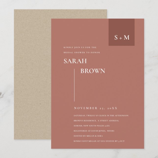 TERRACOTTA RUST MONOGRAM MÖHIPPA INBJUDAN (Fram/baksida)