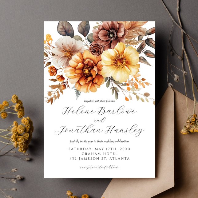Terracotta Rust Orange Boho Blommigt Elegant bröll Inbjudningar (Terracotta Rust Orange Boho Floral Elegant Wedding Invitation)