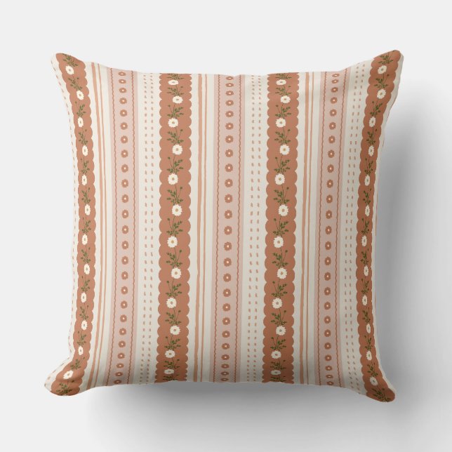 Terracotta Rust Scallop Floral Stripe Boho Kudde (Framsida)