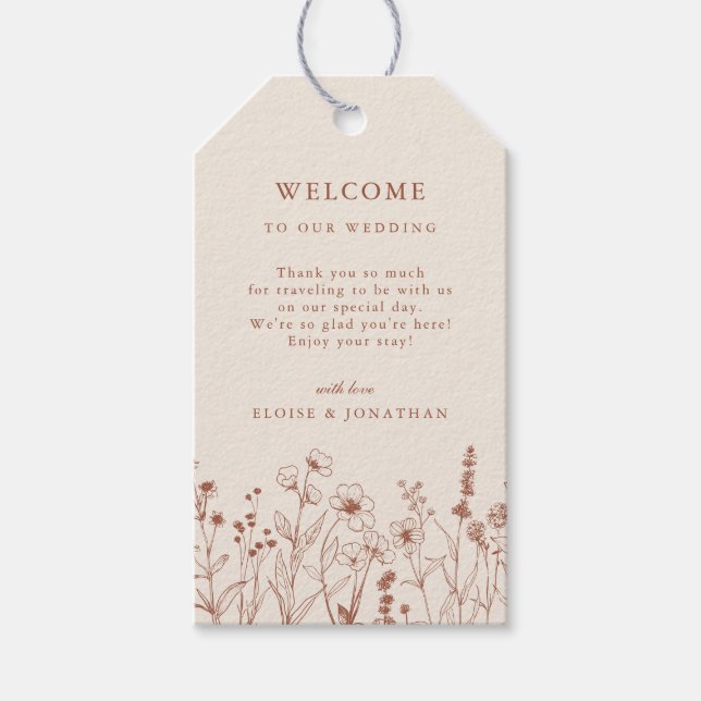 Terracotta Rustic Blommigt Fall Wildblomma Bröllop Presentetikett (Framsidan)