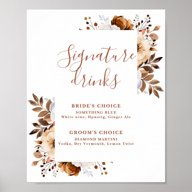 Terracotta Rustic Blommigt Namnteckning Drinks-tec Poster (Framsidan)