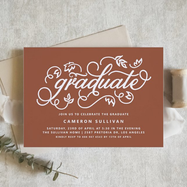 Terracotta Rustic Calligraphy Studentfest Inbjudningar (Boho Terracotta Rustic Calligraphy Graduation Party Invitation)