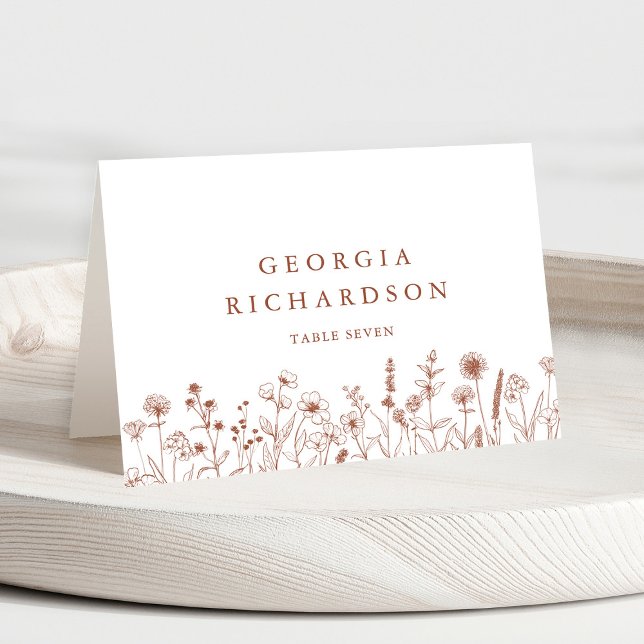 Terracotta Rustic Fall Wildblomma-platskort Bordsnummer (Terracotta Rustic Floral Fall Wildflower Wedding individual guest name place card. )