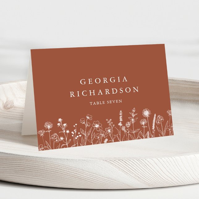 Terracotta Rustic Fall Wildblomma-platskort Bordsnummer (Terracotta Rustic Floral Fall Wildflower Wedding guest name place card)