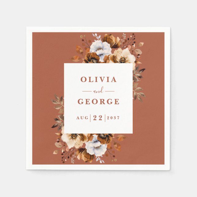 Terracotta Rustic Land Blommigt Bröllop Napkin Pappersservett (Framsidan)
