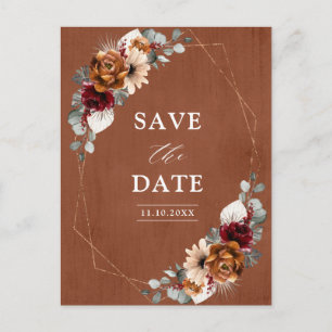 Terracotta Sage Burgundy Blommigt Geometric Bröllo Vykort