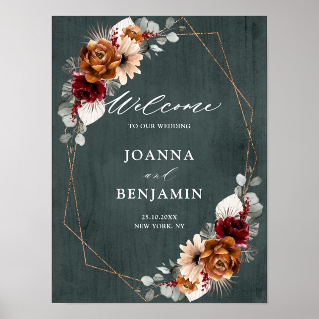 Terracotta Sage Burgundy Geometric Bröllop Välkomm Poster (Framsidan)