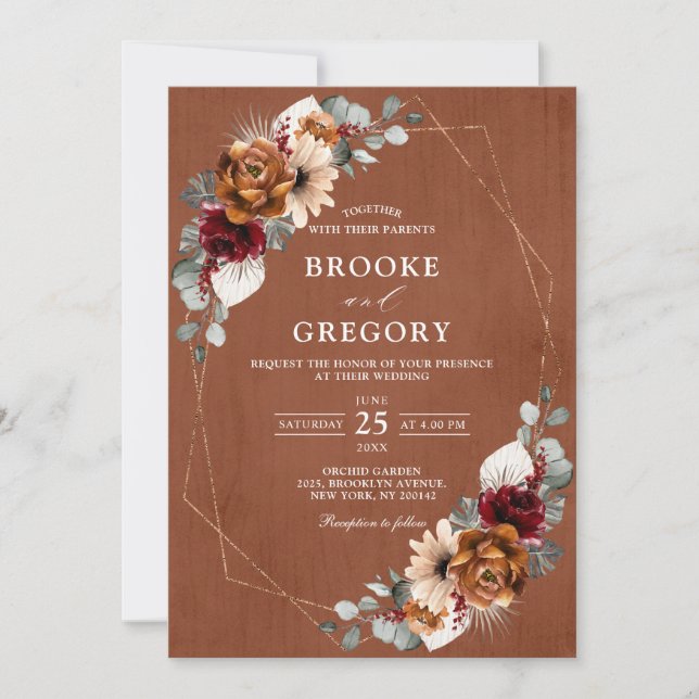 Terracotta Sage Burgundy Greenery Geometric Weddin Inbjudningar (Framsida)
