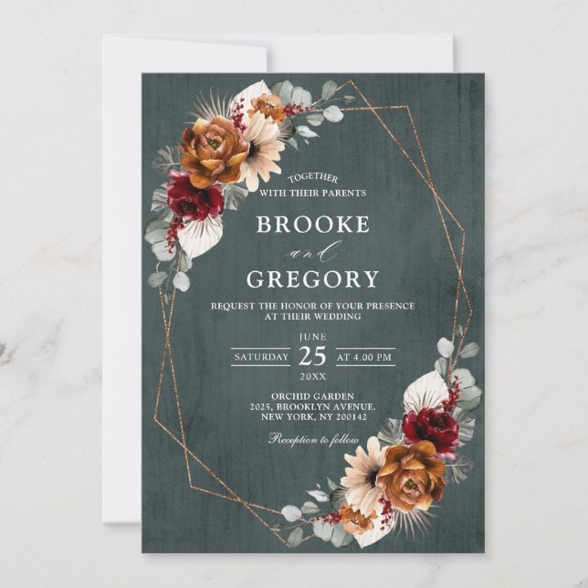 Terracotta Sage Burgundy Greenery Geometric Weddin Inbjudningar (Framsida)