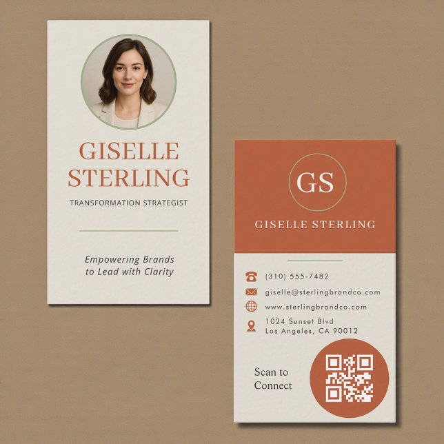 Terracotta Sage Green Photo QR Code Visitkort (Skapare uppladdad)