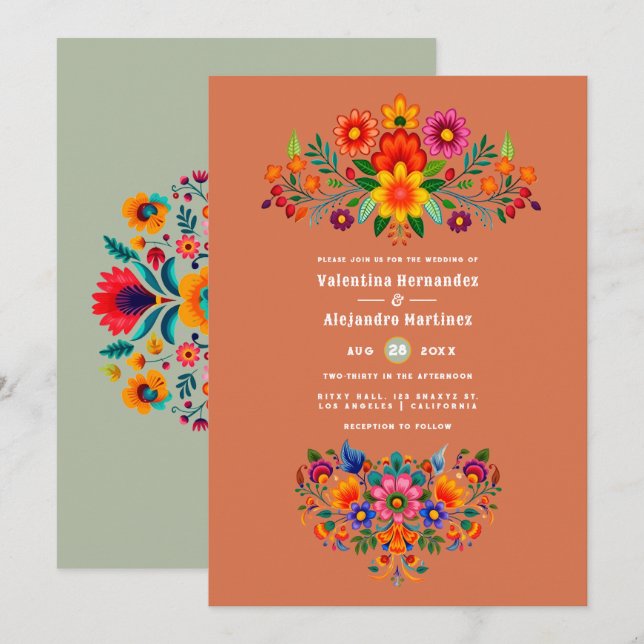 Terracotta & Sage Mexican Folk Art Fiesta Wedding Inbjudningar (Fram/baksida)
