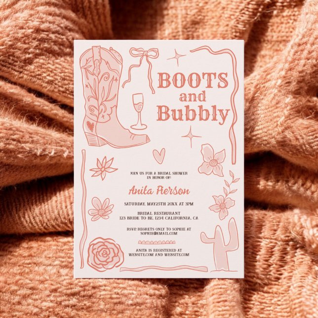 Terracotta scribbles botar bubblande möhippa inbjudningar (Terracotta scribbles boots bubbly bridal shower invitation)