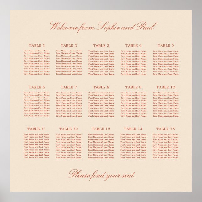 Terracotta Script 15 Bord Bröllop Plats Poster (Framsidan)
