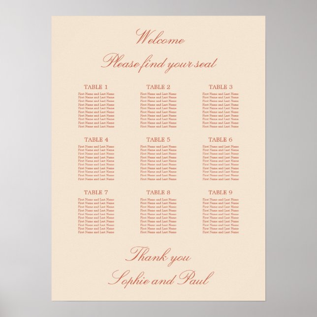 Terracotta Script 9 Bord Bröllop Plats Poster (Framsidan)