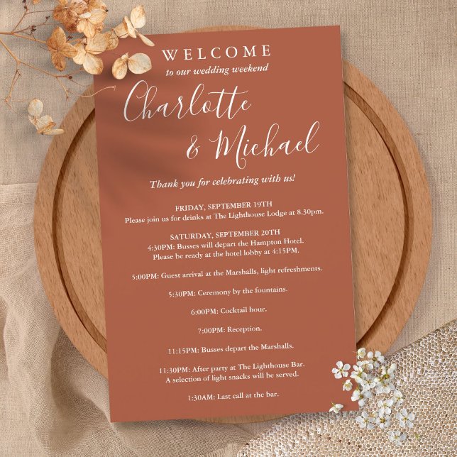 Terracotta Script Guest Bröllop Helg (Terracotta Script Guest Wedding Weekend Program)