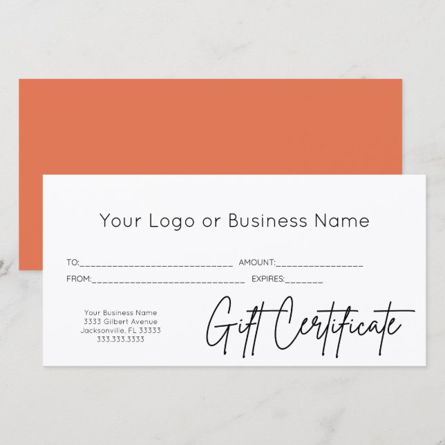 Terracotta Script Logotyp Business Gift Certificat (Fram/baksida)