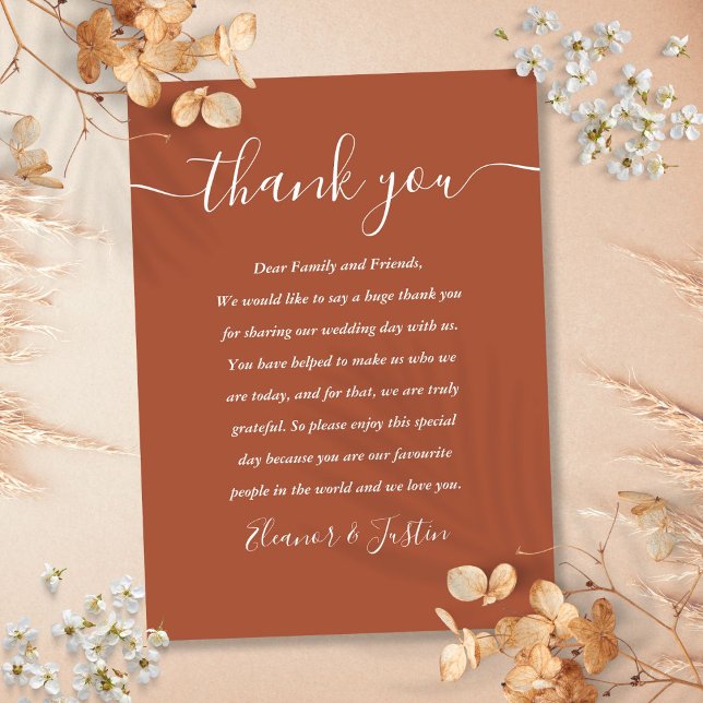 Terracotta Script Tack Bröllop Placeringskort (Terracotta Script Thank You Wedding Place Card)