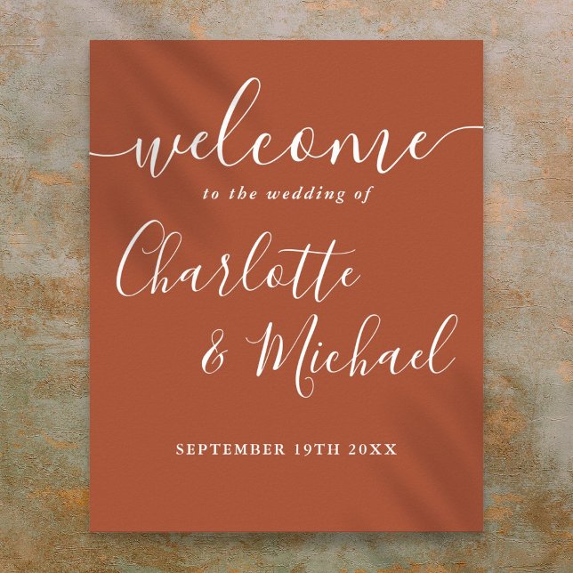 Terracotta Signatur Skript Bröllops Välkomstskylt Poster (Terracotta Signature Script Wedding Welcome Sign)