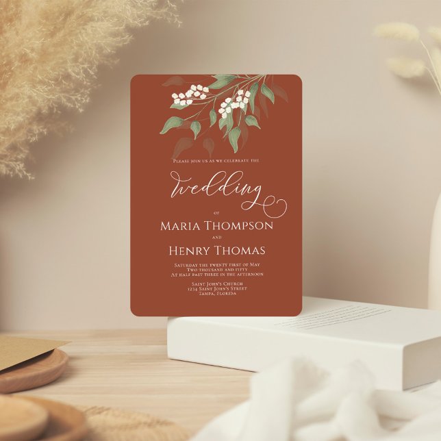 Terracotta Simple Elegant Blommigt Bröllop Inbjudningar (Terracotta elegant wedding invitation with watercolor greenery and foliage. )