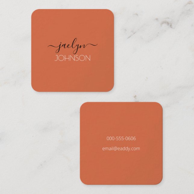 Terracotta Simple White Script Personlig Namn Fyrkantigt Visitkort (Fram/baksida)