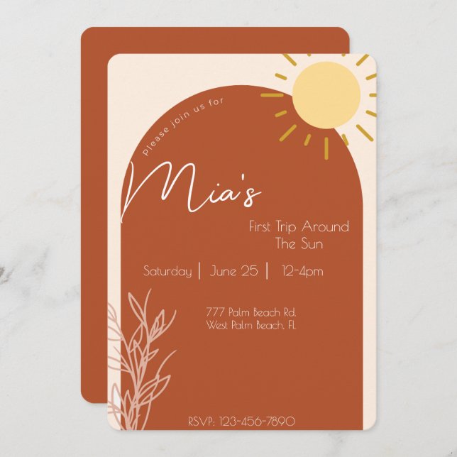Terracotta-skript 1:a Resa runt Sol födelsedag Inbjudningar (Fram/baksida)