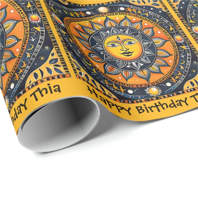 Terracotta Sol personalize Namn Birthday Roll of Presentpapper (Rullad Hörn)