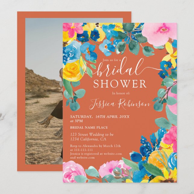 Terracotta sommar blommigt möhippa inbjudningar (Fram/baksida)