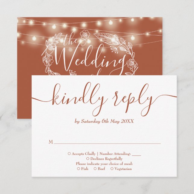 Terracotta String Ljus Blommigt Bröllop OSA Kort (Fram/baksida)