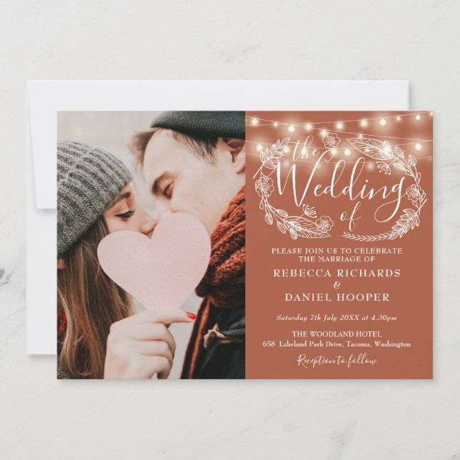 Terracotta String Ljus Blommigt Photo Bröllop Inbjudningar (Framsida)